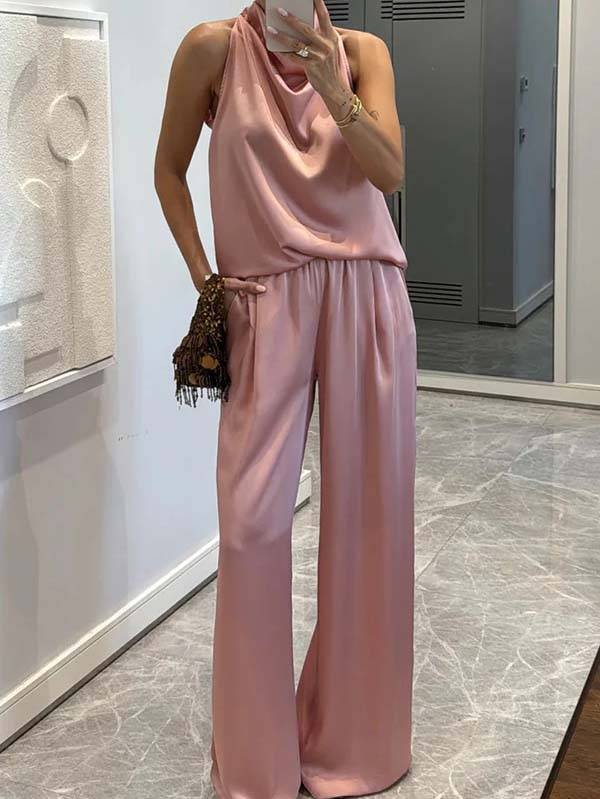 Elegant Halter Neck Swing Collar Top And Wide Leg Pants Suit-Top