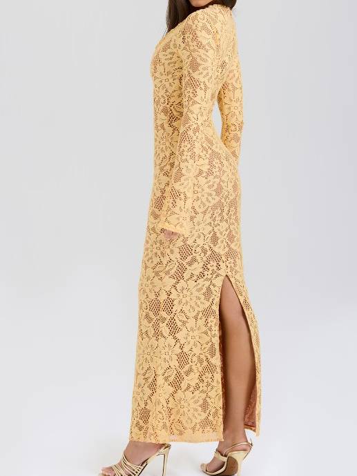 Maxikleid mit V-Ausschnitt und langen Ärmeln aus Spitze