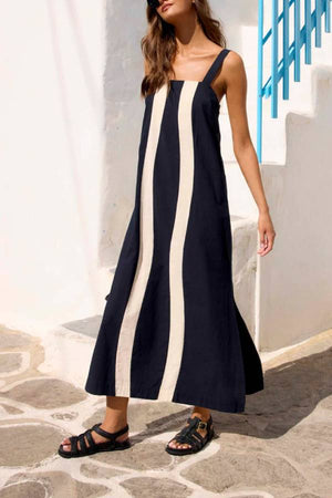 Color Block Striped Linen Blend Slip Maxi Dress