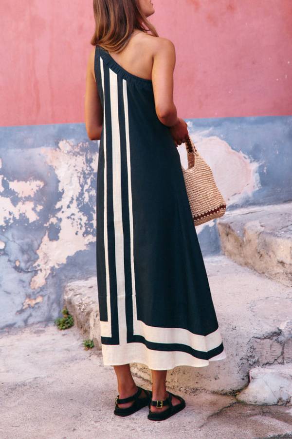 Grace Linen Blend Contrast Color Lines One Shoulder A-line Midi Dress