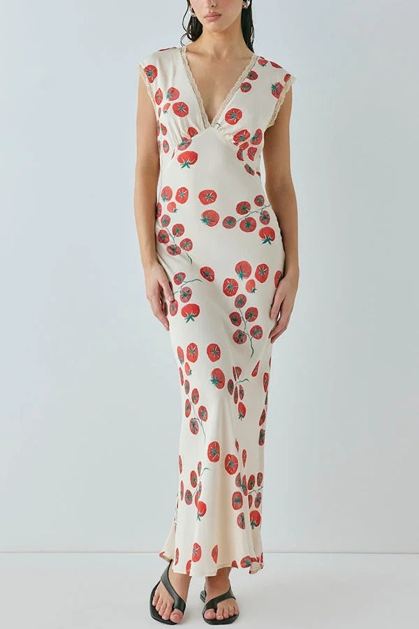 Vintage Inspired Tomato Print Lace Trim Open Back Tie-up Maxi Dress