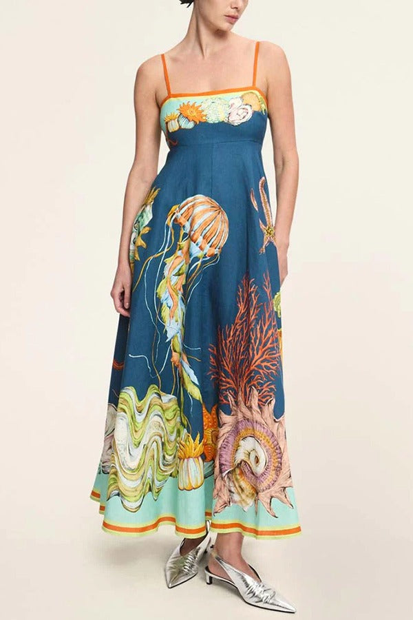 Linen Blend Unique Print Suspenders Back Pleated Pocket Resort Style Maxi Dress