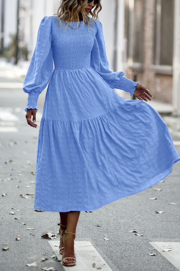 Solid Lantern Sleeve Ruffle Hem Shirred Dress