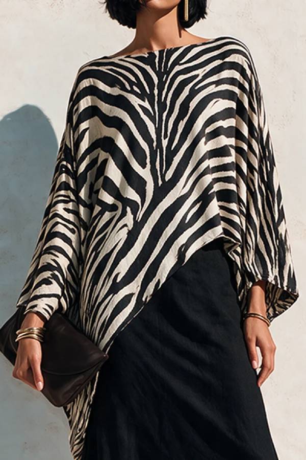Black Zebra Asymmetrical Top And Black Drape Skirt Two‑Piece Set