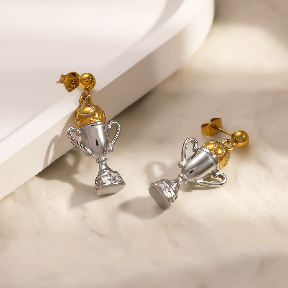 World Cup Trophy Football Two-Tone Stainless Steel Drop Earrings