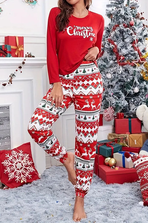 Christmas Is Calling Printed Elastic Waist Lounge Jogger Pajama Set Red