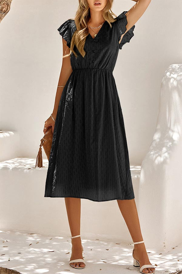 Sweet Elegant Solid V Neck A Line Short Sleeve Dress Black S