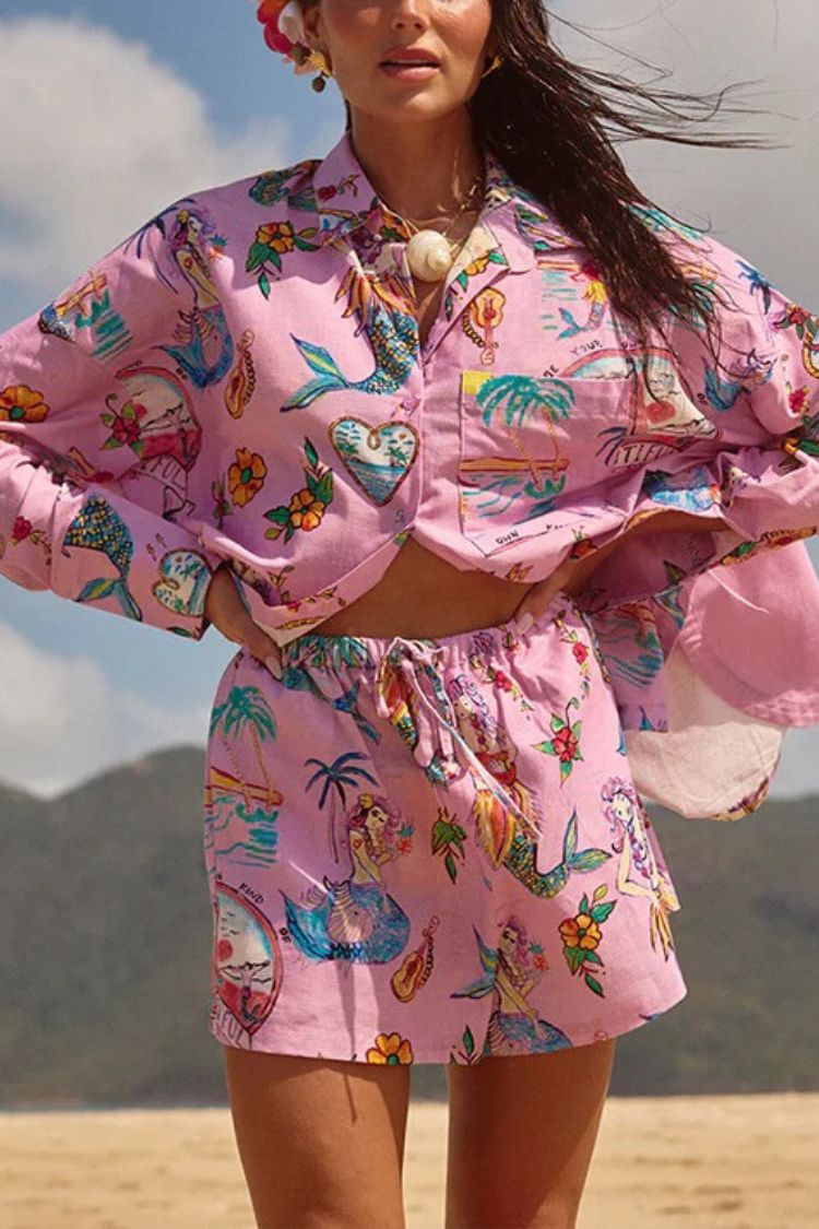 Mermaid Whispers Linen Blend Unique Print Elastic Waist Pocketed Loose Shorts Pink