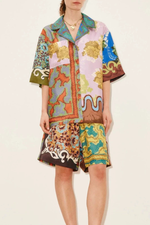 Retro Color‑Block Print Shirt & Shorts Two‑Piece Set