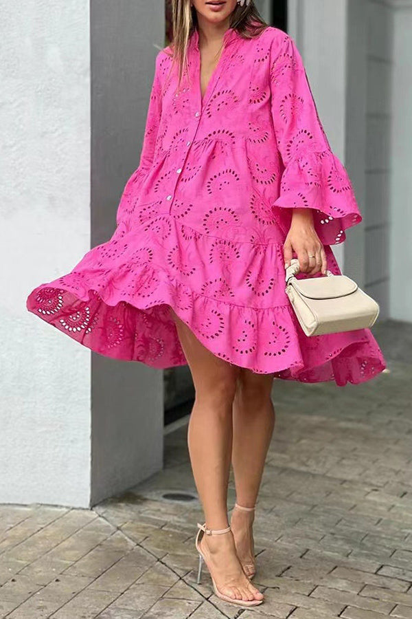 V Neck Embroidered Hollow Lace Flower Mini Dress rose