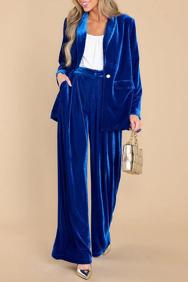 Elegant Lapel Velvet One Button Blazer Pant Set Blue