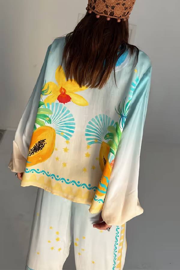 See You in Rio Tropical Fruits Print Button Long Sleeve Loose Blouse