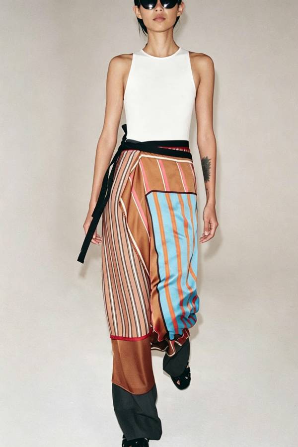 Fun Pairings Satin Colorblock Striped Print Wrap Tie-up Midi Skirt
