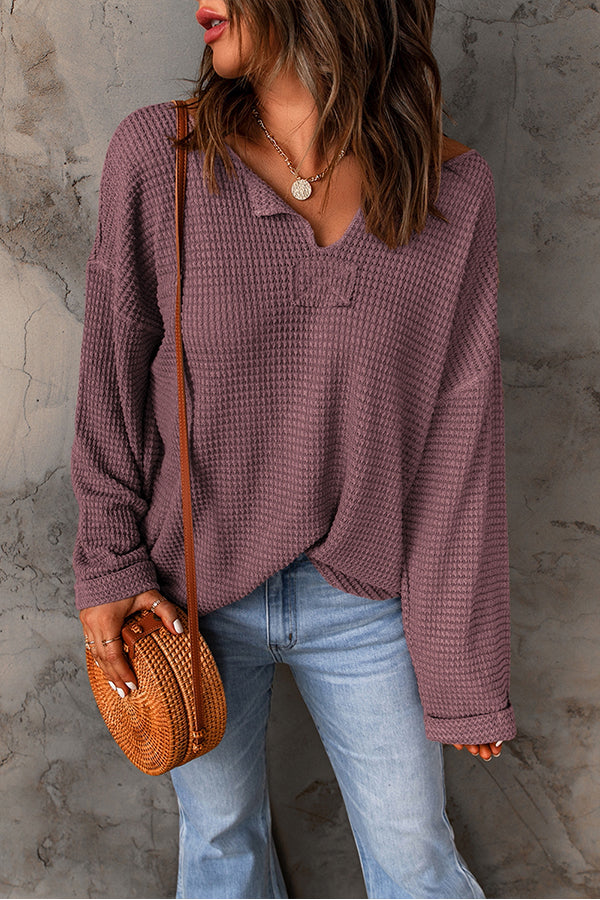Dusk Blue Waffle Split V Neck Drop Shoulder Long Sleeve Top