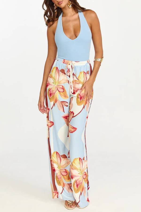 Tropical Floral Print High Waist Elastic Wide Leg Pants