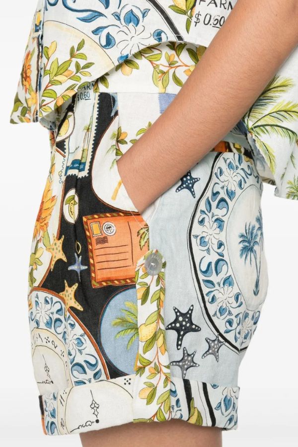 Ensemble chemise à manches courtes boutonnée et short ample à poches, mélange de lin, style insulaire, imprimé unique