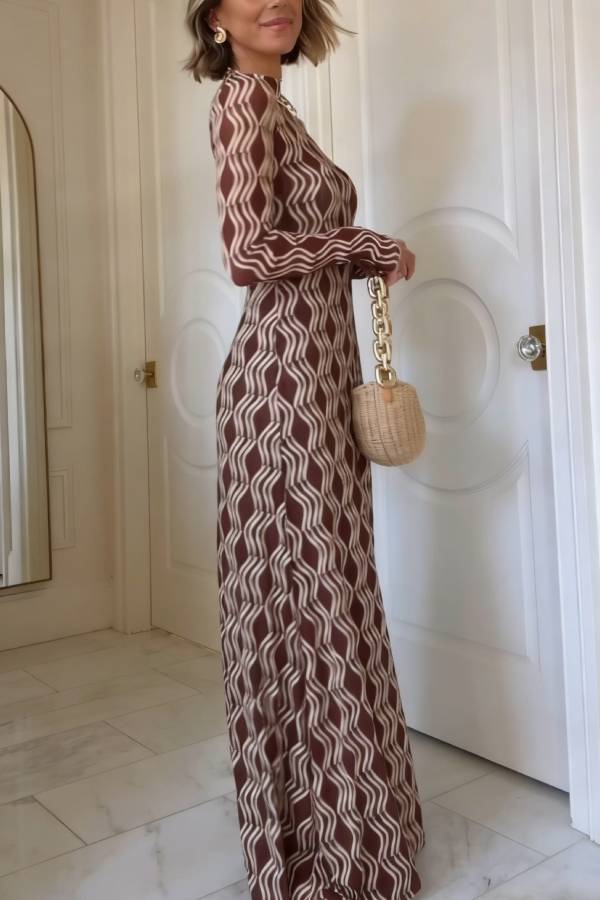 Mock Neck Wave Print Sheer Long Sleeve Maxi Dress