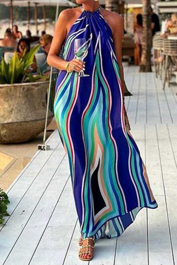 Blue Multi-Color Wavy Stripe Halter Sleeveless Loose Maxi Dress
