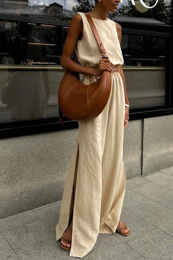 Cotton and Linen Slit Fashionable Two-piece Set Beige