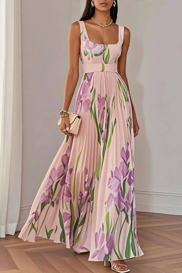 Weißes plissiertes Chiffon-Maxikleid mit Blumenmuster und quadratischem Ausschnitt, ärmellos, A-Linie