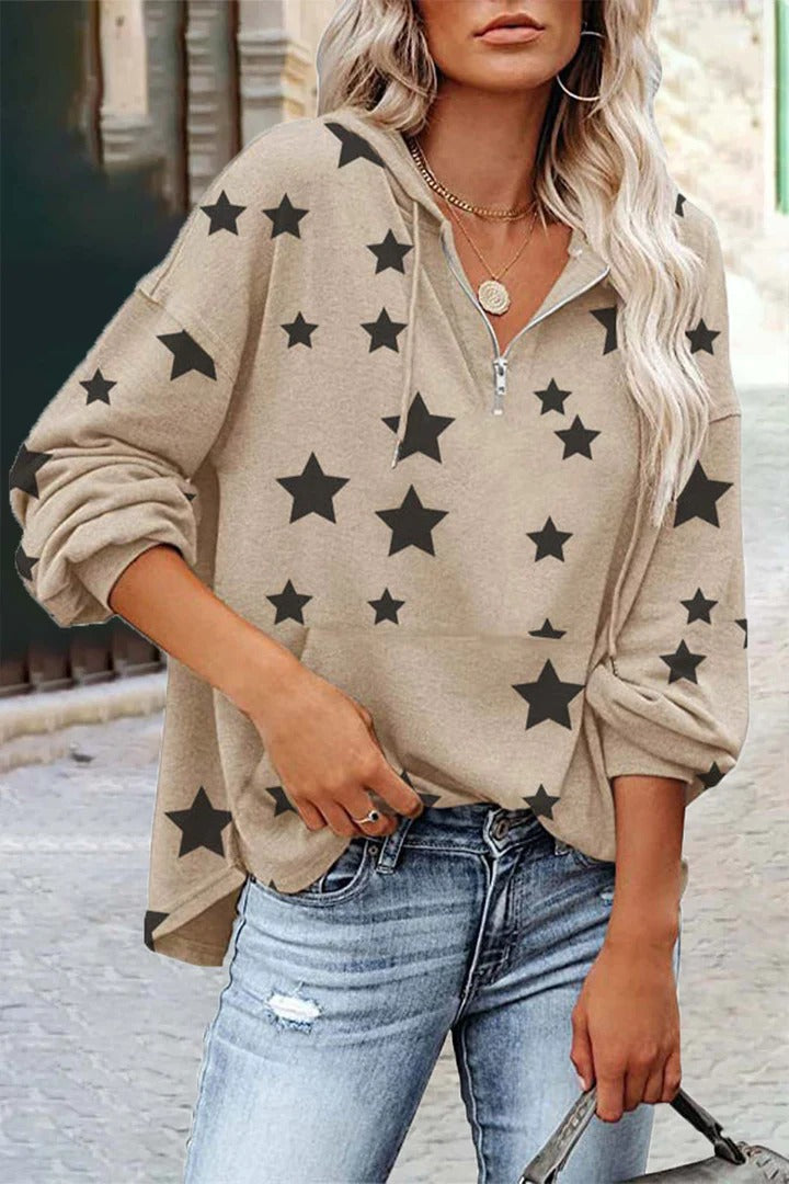 Women's V-neck Star Sweatshirt Beige