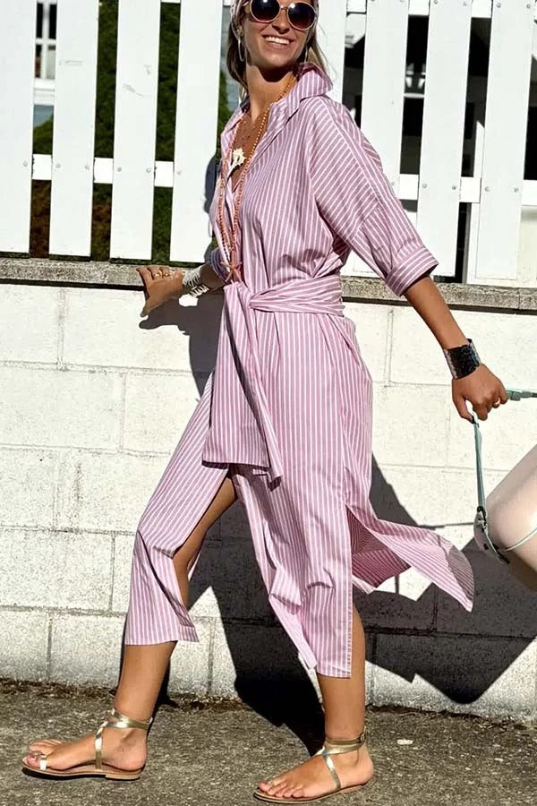 Robe chemise mi-longue boutonnée à rayures et manches mi-longues avec ceinture et poche