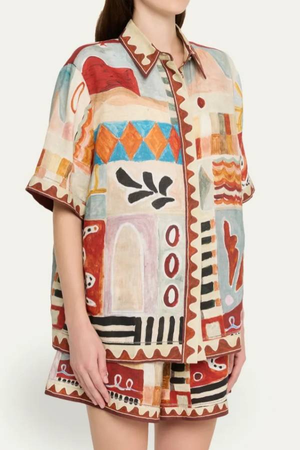 Abstract Oil Painting Print Short Sleeve Shirt & Shorts Two Piece Set