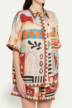 Abstract Oil Painting Print Short Sleeve Shirt & Shorts Two Piece Set