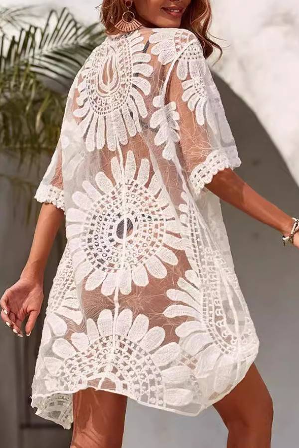 Embroidered sheer resort cardigan