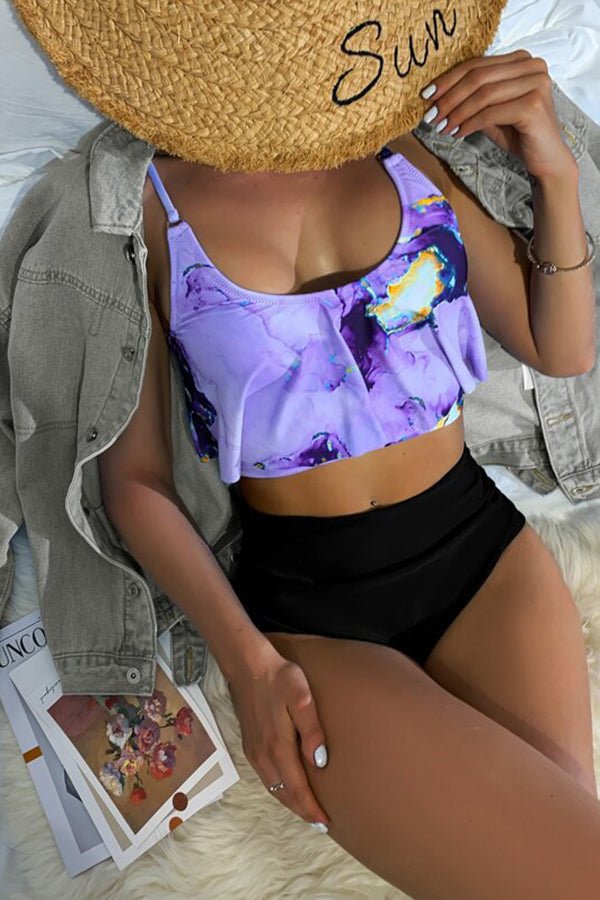 Ruffled Multicolor Marble Print High Waist Bikini Purple