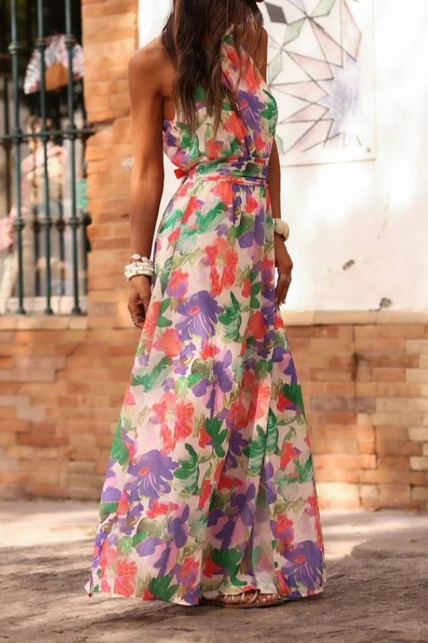 Halter Waist‑Tie Floral Print Maxi Dress