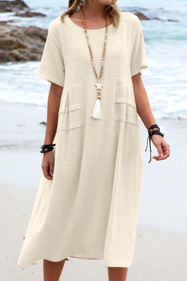 Summer loose casual cotton and linen solid color round neck short-sleeved mid-length dress Beige