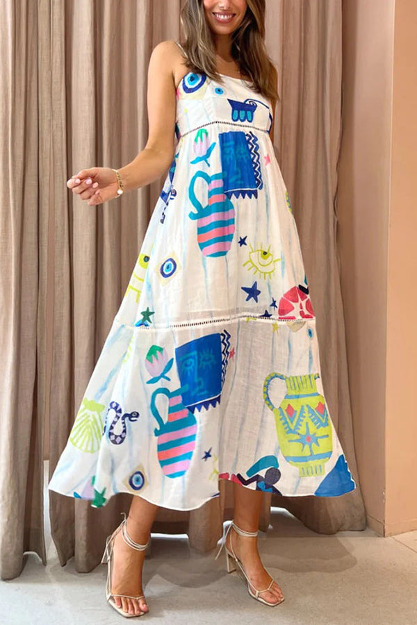 She's The Fun Linen Blend Playful Print Ladder Trim Midi Dress MULTICOLOR