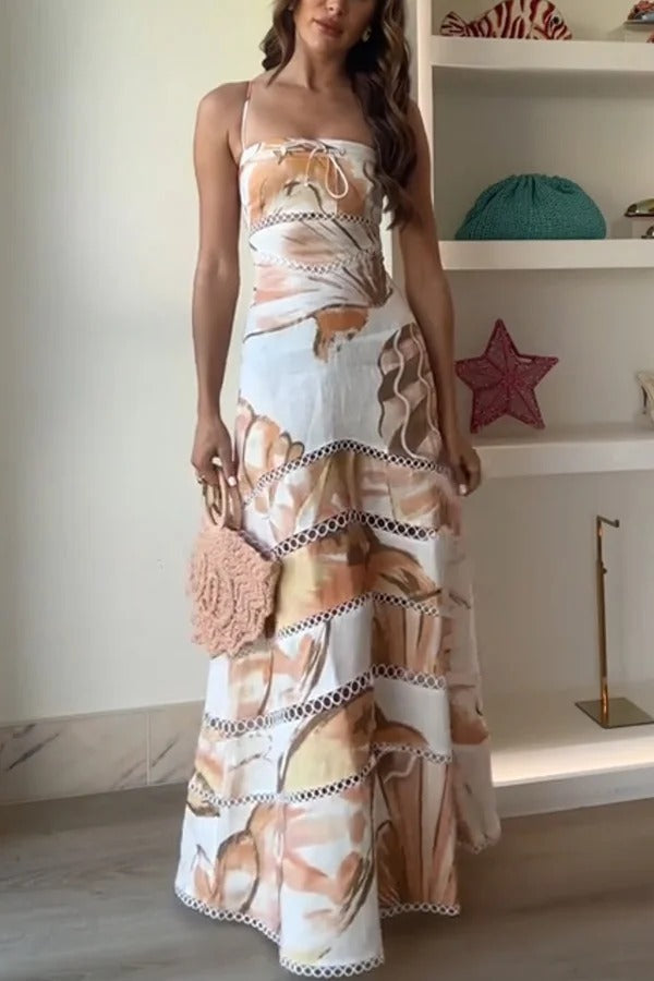 Daje Linen Blend Unique Print Round Hollow Trim Tie-up Bust Slip Maxi Dress