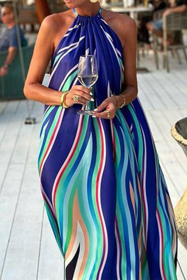 Blue Multi-Color Wavy Stripe Halter Sleeveless Loose Maxi Dress