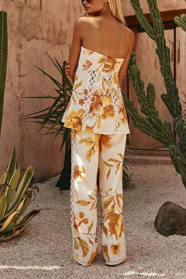 Strapless/Spaghetti Strap Cutout Floral Top & Wide Leg Pants Two-Piece Set