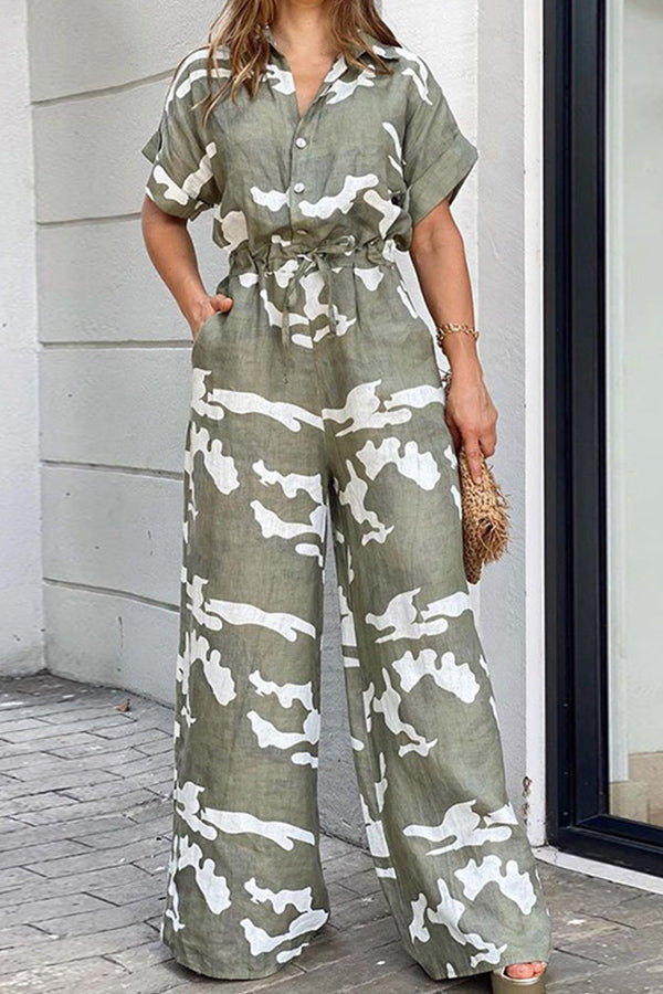 Irregular Print High Waist Side Pocket Button Tie Jumpsuit Green
