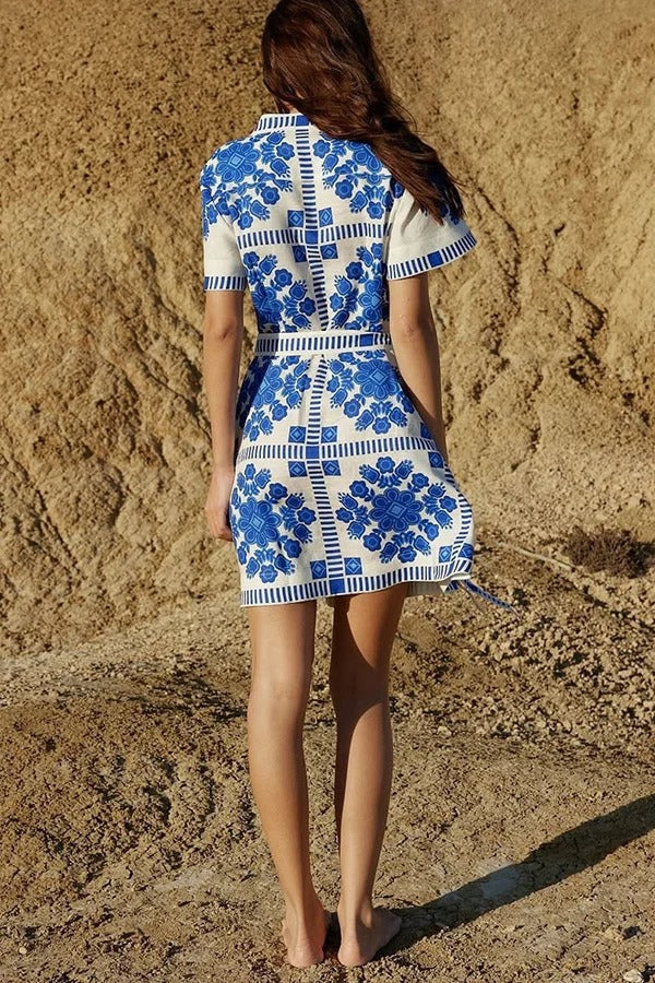 Unique Print Short Sleeve Button Tie Waist Mini Dress