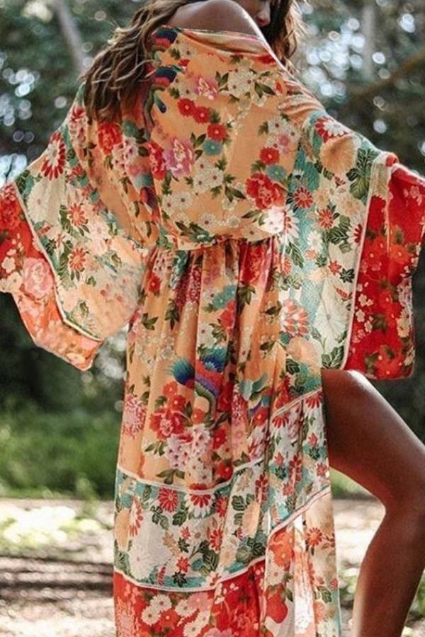 Floral Print Loose Open-Front Kimono Cover-Up