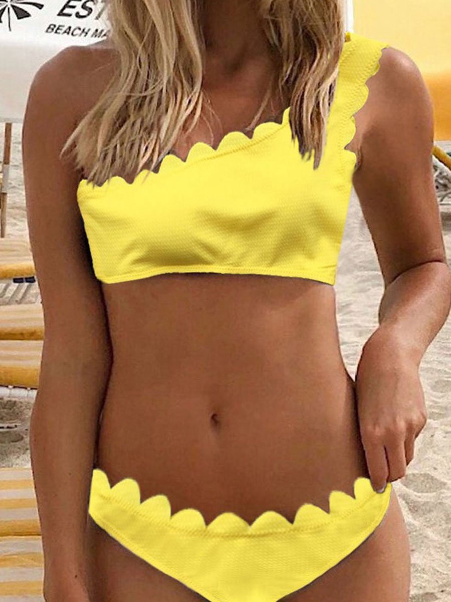 Flounce Design One Shoulder Solid Two Pieces Swimsuit (2 Colors) Yellow