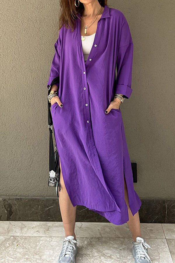 Casual Solid Buckle POLO collar Shirt Dress Dresses Purple