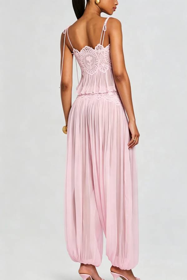 Dreamy Crinkle Chiffon Lace Trim Tank and High Rise Loose Lantern Pants Set