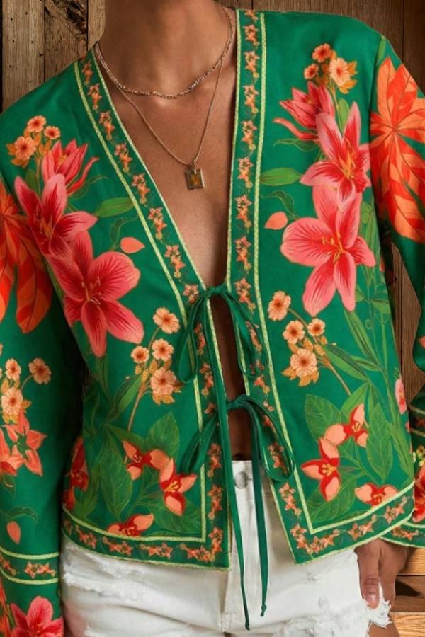 Vintage Printed V-Neck Tie Front Flare Sleeve Cropped Cardigan