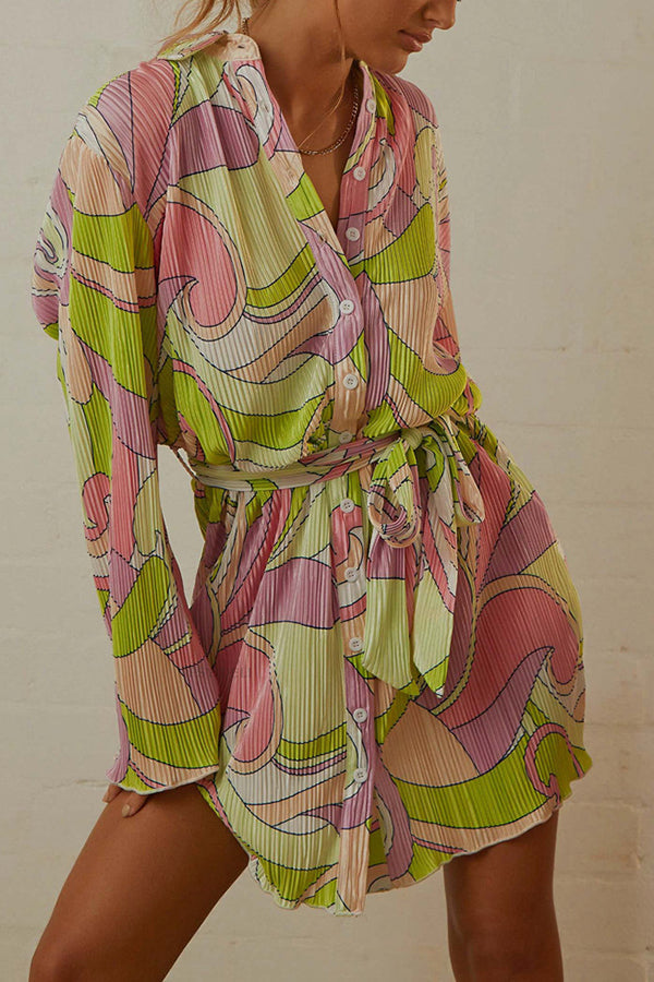 Floral print lace-up lapel cardigan long-sleeve dress