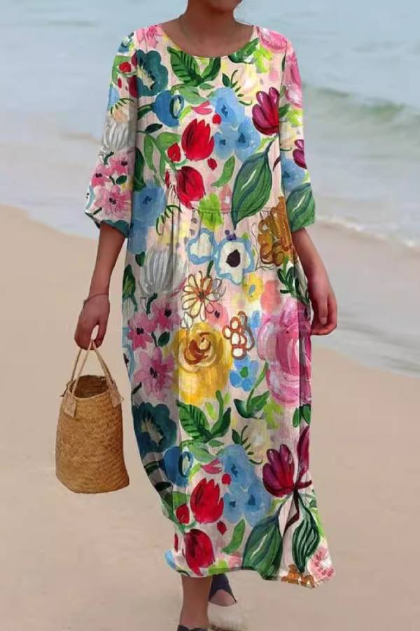 Printed Pocket Casual Loose Holiday Dress Multicolor