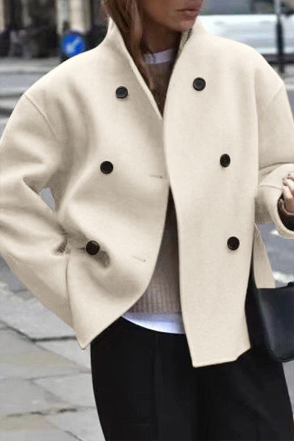 British Style Elegant Solid Buttons Mandarin Collar Outerwear Apricot