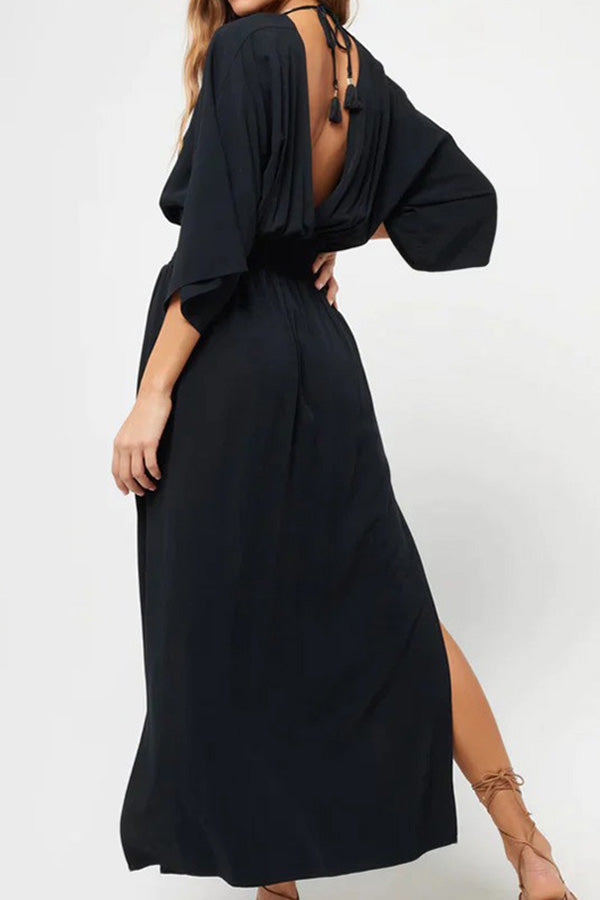 V-neck open back tie high waist loose slit dress
