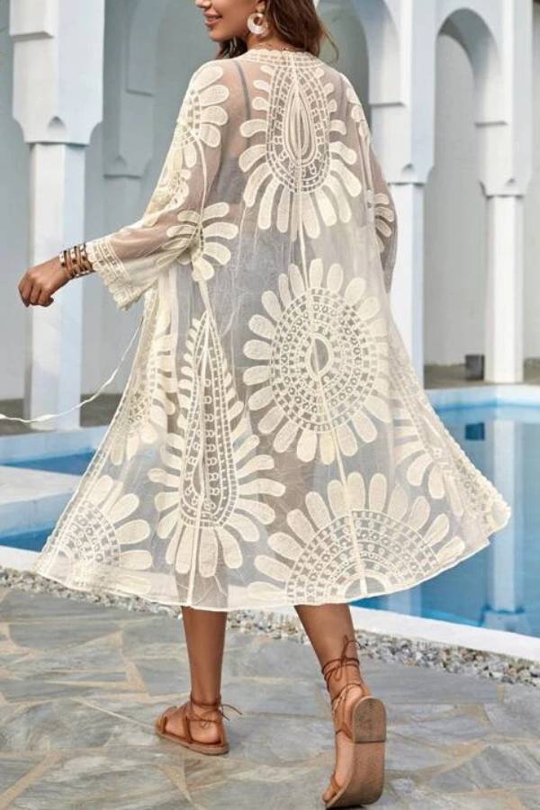 Embroidered sheer resort cardigan