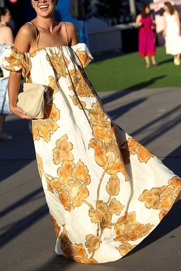Maxikleid mit Blumendruck, Hosenträgern, Puffärmeln, lockeren Taschen und Urlaubs-Maxikleid 