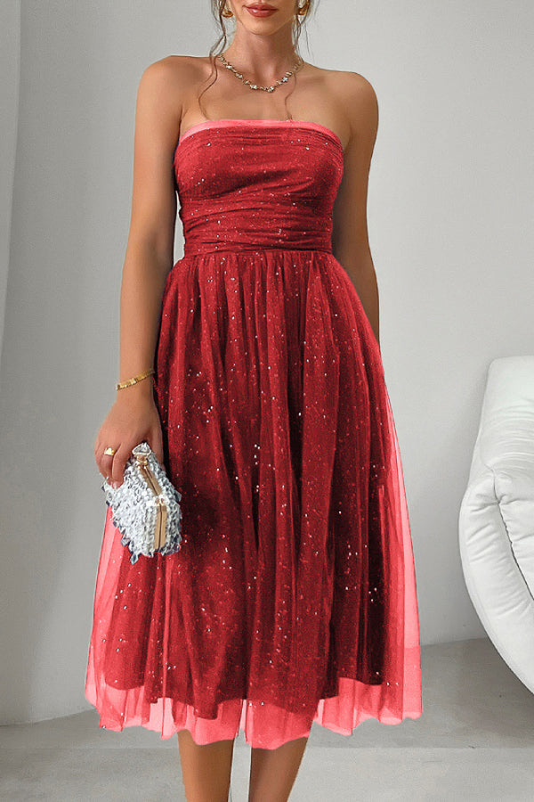 Women's Elegant High-end Tube Top High Waist Mesh Mid-length Evening Dress Red